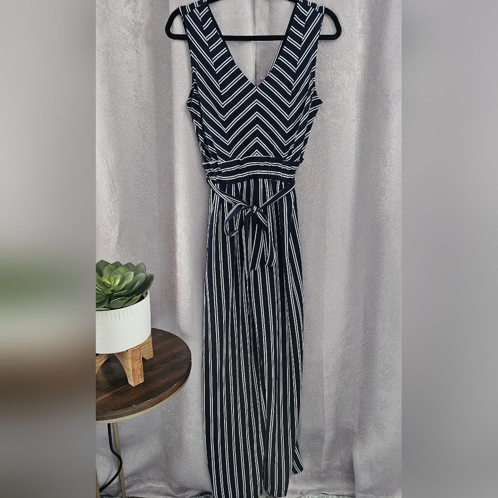 Monteau Sleveless V-Neck Navy Striped Jumpsuit, Size Small